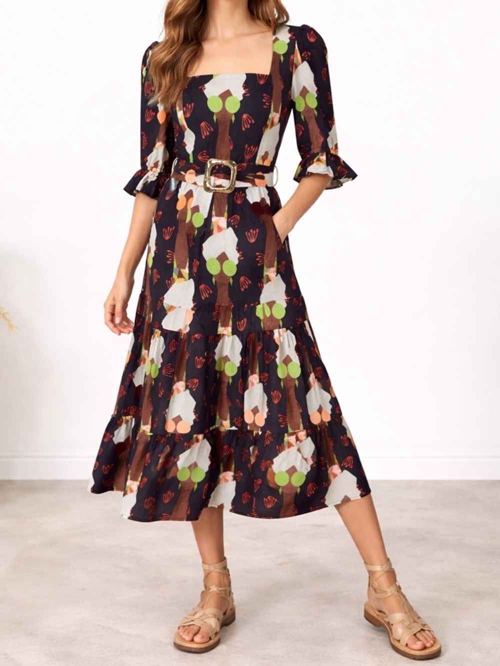 ModCloth Artsy Print Midi Dress | Belted Statement Dress | Retro Cottagecore | 0
